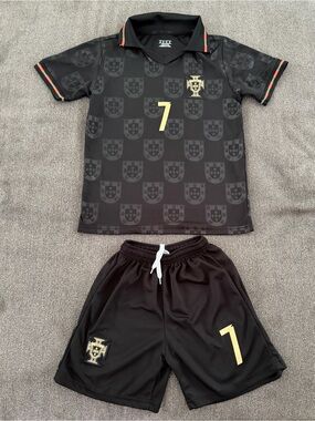Portugal Custom Christian Ronaldo #7 Kids Jersey & Shorts Set Black and Gold